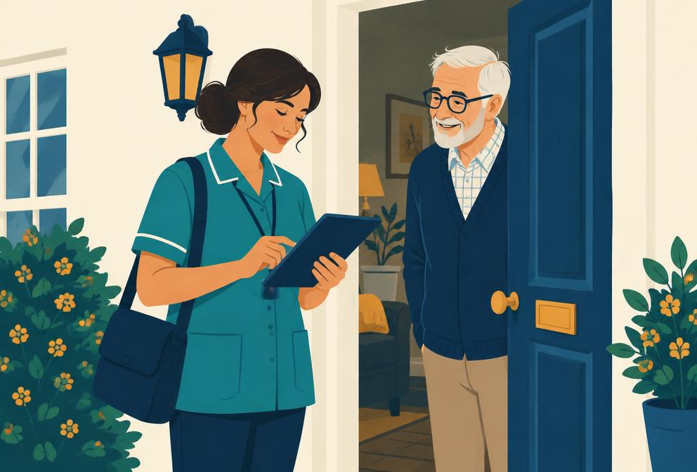 Illustration of a care worker arriving at a person's home